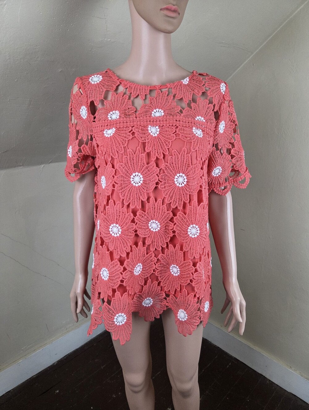 Zac & Rachel Petite PXL Coral Floral Crochet Lace Boho Tunic Top Lined